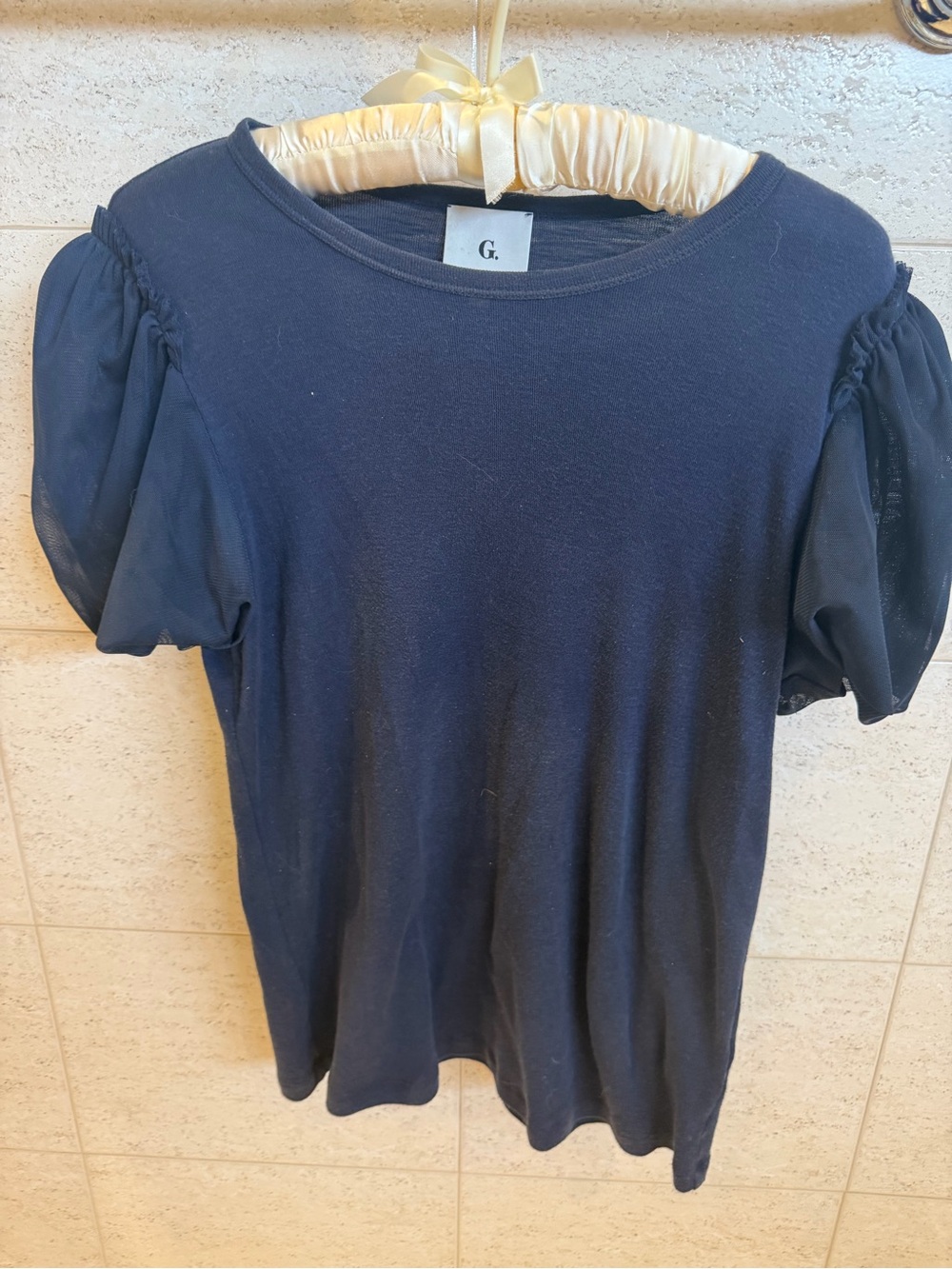 Navy Puff Short Sleeve Tee with Sheer Sleeves